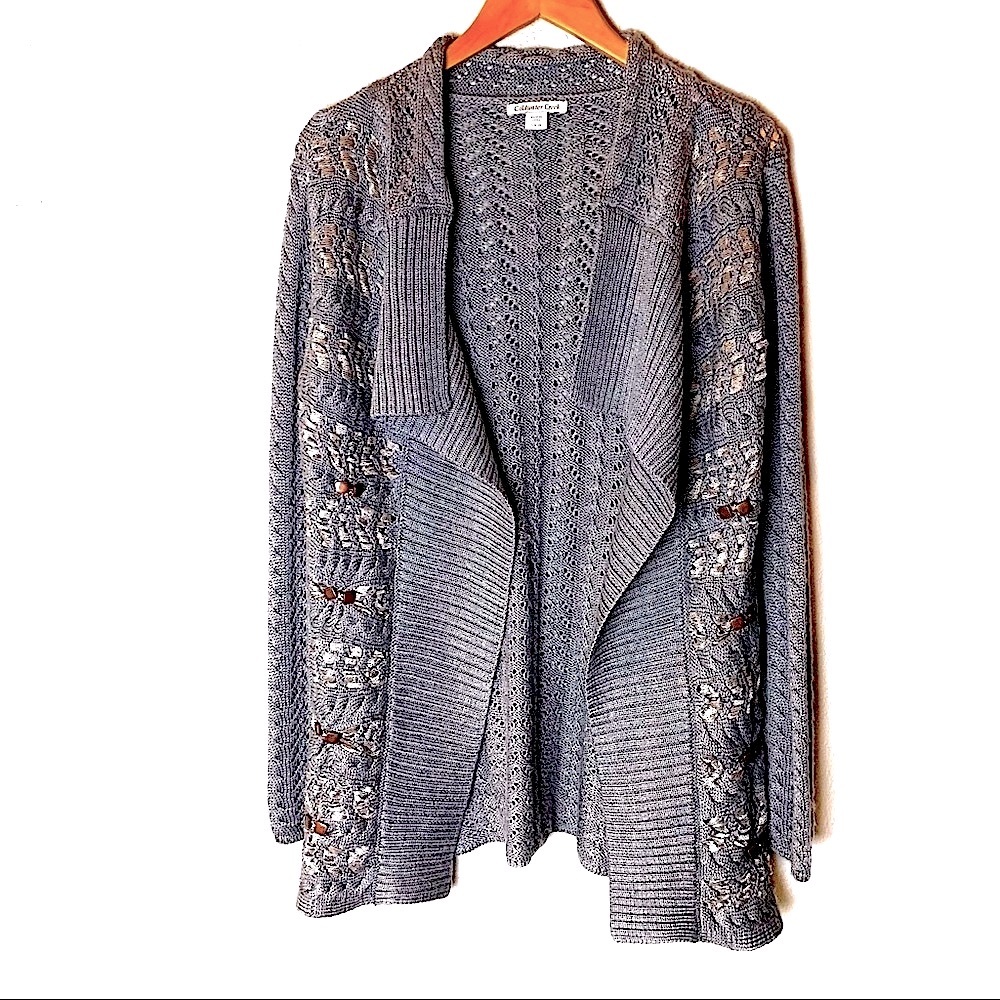 Coldwater Creek wool chunky knit grey tunic Cardigan Sweater Sz S lace beaded